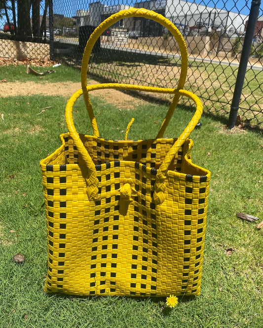 Yellow and Black Small Check Woven Bag Large