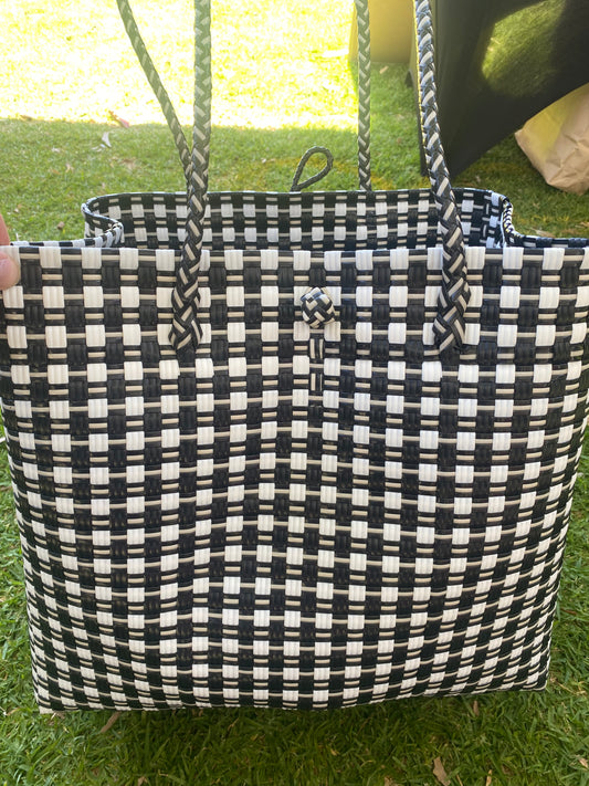 Black and White Weave Woven Bag Large