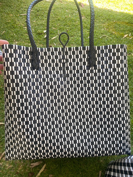 Black and White Weave Black Handle Woven Bag Large